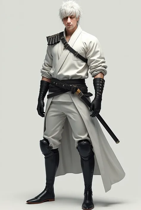 "Full-body image of a lean, athletic samurai with short white hair and pale skin. He wears a long white tunic with an open chest cut, revealing a fitted inner shirt. The tunic has clean, refined edges that highlight its simplicity and elegance. A black lea...