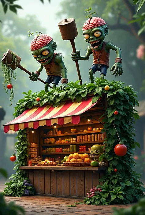  make a selling stand theme inspired from the game plasnts vs zombies on top of its there are 2 zombies nogngol, next to there are leaves wrapped around ,  there are zombie plants hanging hanging 