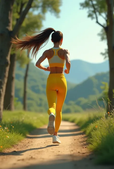 Brunette girl seen from behind jogging in yellow tights