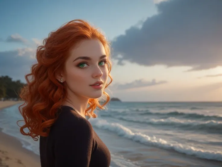 
 A young woman with natural red hair , long and curly,  that flow gracefully up her waist ,  shines under the dim moonlight on a night beach .  Her emerald green eyes ,  intense and fascinating ,  seem to contain the vibrant essence of nature itself ,  sh...