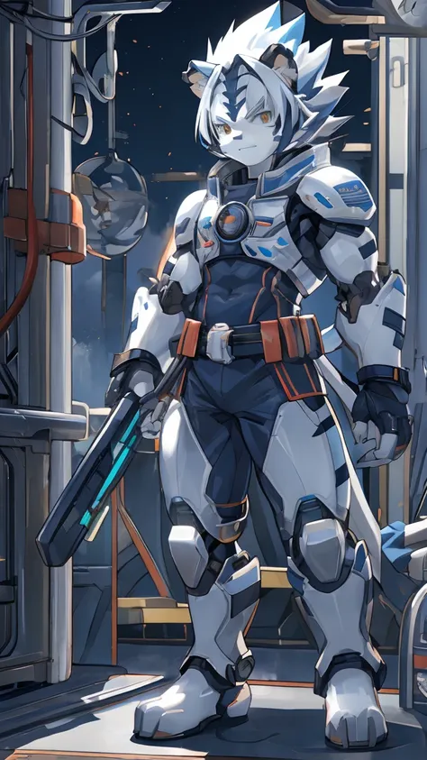 male, Synthesizer (Viddesan ), , , Android, Kogenta (Onmyou Taisenki)  white tiger,  Machine Tool Kogenta (Onmyou Taisenki), Network City.Full Body Mecha.Full body picture