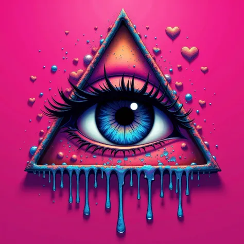  I want a well-designed 2D image with the following required :

 Psychedelic style 

Main colors color , cores neon,  vibrant palettes

Elements 1  (one)  dark brown eyes and colorful tears right in the middle of the triangle
The main focus is this three-p...