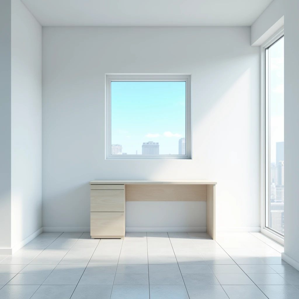  bright studio room、The walls are white、 tile carpet on the floor 、 The window is half a small window above the wall、Blue sky on the window 、 The window has a city view、1 tall business desk、Diagonal view from the left