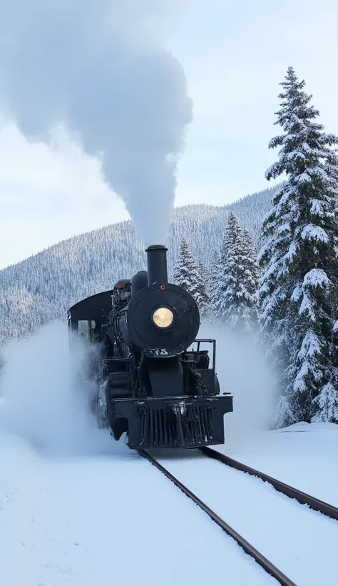 steam train running in snow. realistic, breathtaking master piece. 32k resolution