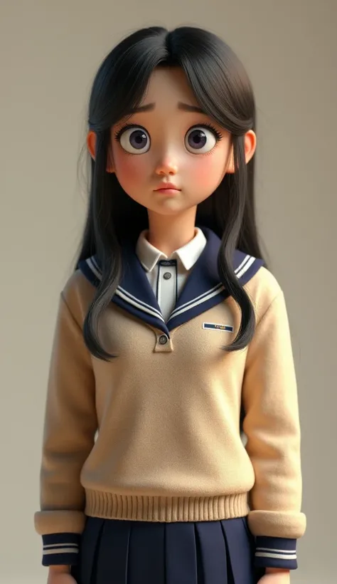 Create a 3D realistic image with 9:16 aspect ratio depicting a young woman with long dark hair. Her large, expressive blue eyes are wide open, conveying a sense of surprise, concern, or deep emotion. She wears a school uniform, consisting of a beige sweate...