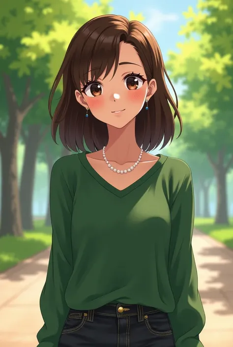 Anime Brunette woman, her large almond-shaped eyes, deep brown, and her long black eyelashes attract attention. 
Her shoulder-length wavy hair, styled to the side with no bangs, looks at us.green V-neck sweater, dark raw jeans, pearl earrings, small thin n...