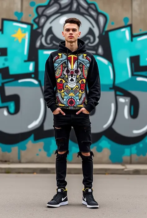 Full-length photo of a 30-year-old man in front of a graffiti-covered wall. The man is wearing a black hoodie with a graphic design featuring various patterns, symbols, and text. The design is colorful, with orange, red, black, white, and a bit of blue. Pa...