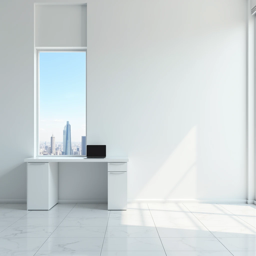  designer office 、The walls are white、 tile carpet on the floor 、 The window is half a small window above the wall、Blue sky on the window 、 The window has a city view、 1 tall business desk 、 laptop on top of desk、Composition from left 