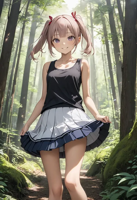 Cute Japanese schoolgirl,  slender:2.0,  Tanned Skin,  Slender Eyes, Thin face,  low twin tail , bangs, In the forest, Long legs,  tank top ,  Fluttering Skirt ,  spats,  No posts, masterpiece, 8K Photo,  detailed face , smile,  Cross Your Arms Back 