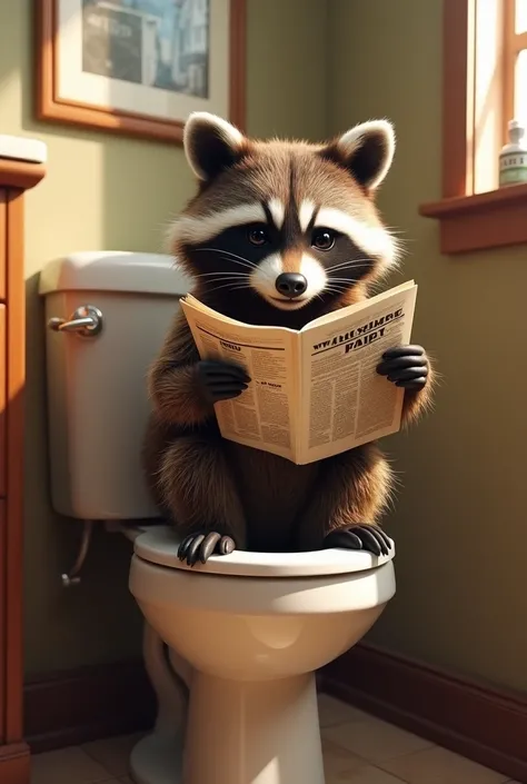 Realístic Cute Rocket raccoon,  sitting on the toilet, open lid, reading newspaper