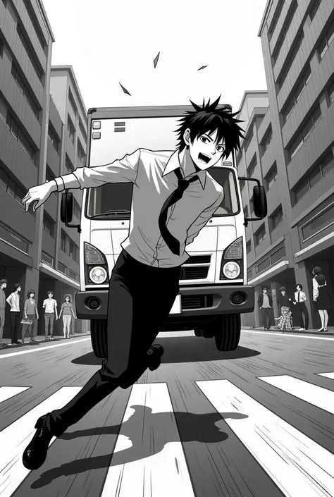  anime art, man,  black hair ,  Japanese school uniform, crashing in the middle of the street ,  with a truck coming towards,  black and white image.