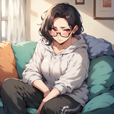 Your older mature wife in her late 20s has long black hair and red eyes and wears black big glasses. she is wearing a hoodie and baggy sweatpants. she is blushing as she is sitting on your couch.