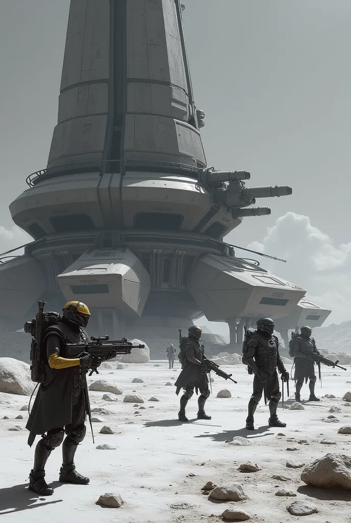 a futuristic moon base  with strongholds and turrets guarded by a bunch of cybernetic humanoid and aliens with heavy weapons