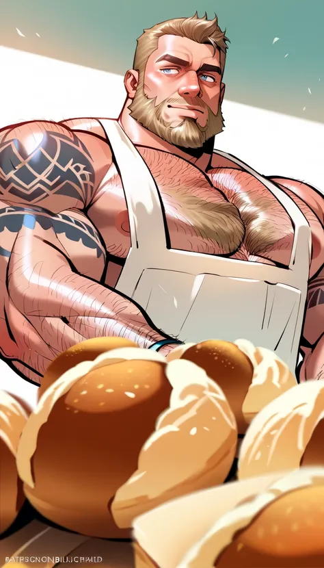 A muscular bearded tattooed baker kneading dough naked only wearing a white apron, NSFW, big shoulders, big chest, thin waist, big buttcheeks, balanced anatomy, perfect anatomy, deep eyes, blonde, short haircut, blue eyes, hairy, very handsome, kneading do...