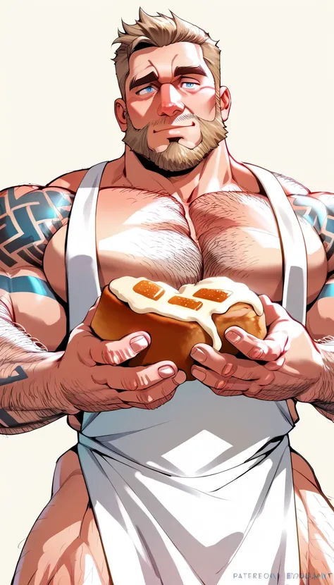 A muscular bearded tattooed baker kneading dough naked only wearing a white apron, NSFW, big shoulders, big chest, thin waist, big buttcheeks, balanced anatomy, perfect anatomy, deep eyes, blonde, short haircut, blue eyes, hairy, very handsome, kneading do...