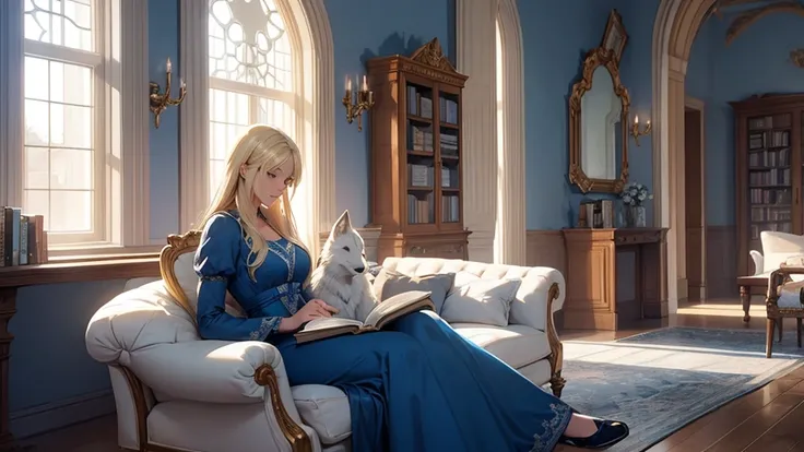 blonde woman in blue dress reading books with her white wolf in a castle room with windows