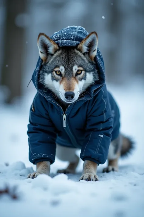 Little wolf in cold dark blue clothes 
