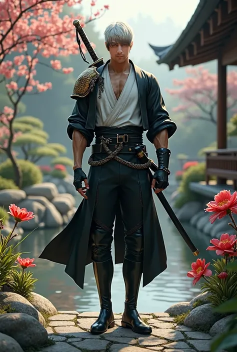 A lean, athletic samurai with short white hair styled like Leon Kennedy’s from Resident Evil 4 and glowing amber eyes, stands in an epic Japanese garden. His kimono is black and white, sleek and flexible, with a single black and gold hombrera on one should...