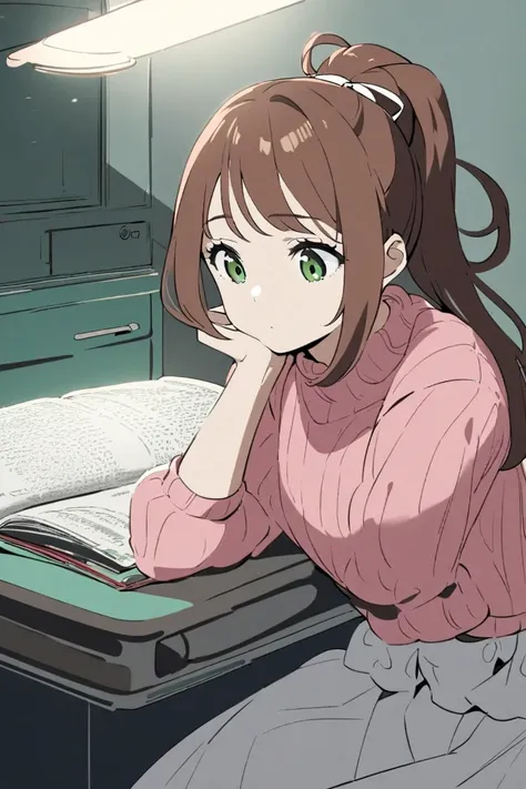 1girl, adult, thigh length coral brown hair tied into a ponytail with white bow, emerald green eyes, sitting at desk, looking down at study book, resting head on palm of her hand, bored, bedroom, dark room, desk lamp light, pink sweater, white skirt