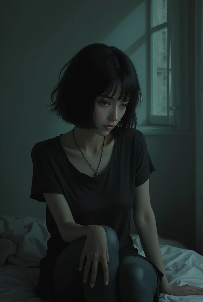 woman with short black hair in a room that reflects melancholy