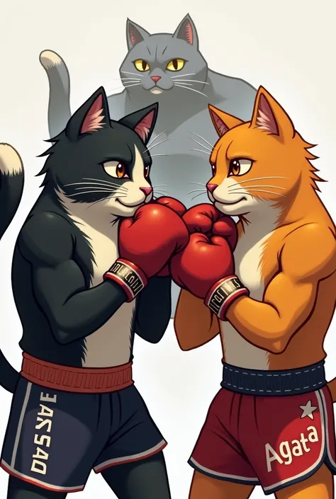 a black and white cat and an orange cat, both with boxing gloves, both muscular, on the side of the black and white cats shorts it says Sansao, on the side of the orange cats shorts it says Agata, in the background of the image there is a muscular gray cat...