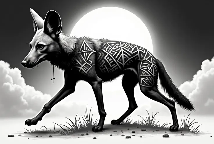 Close-up view of a lone wild dog in a dynamic walking pose, its fur patterns intricately stylized with geometric and tribal-inspired shapes, rendered in sharp black and white contrast with clean engraving-friendly lines, the background featuring a glowing ...