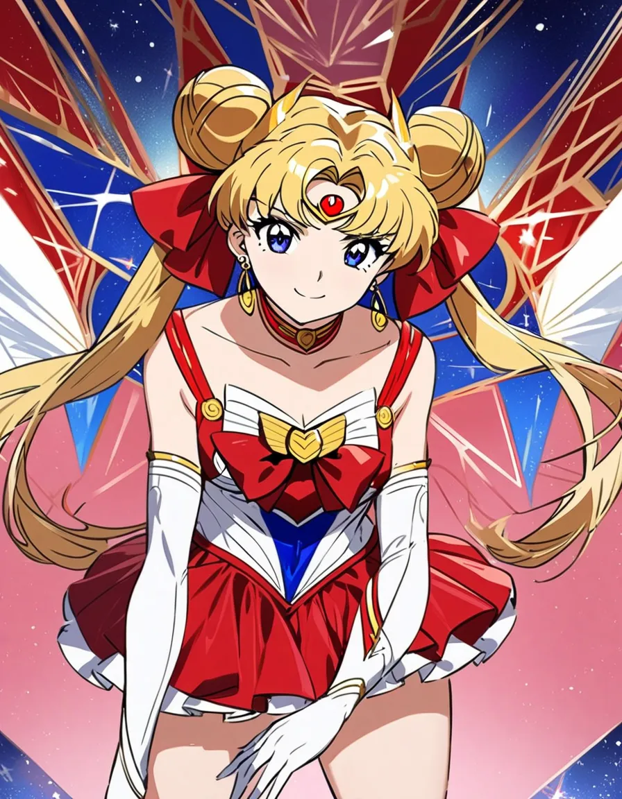 best quality, ultra-detailed, (1girl, solo, supersailormoon, double bun, twintails, circlet, jewelry, earrings, choker, red bow,...