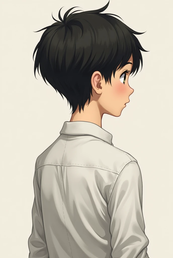 a black-haired boy with a good cut back a little wide and 
looking straight ahead but from the back wearing a white shirt