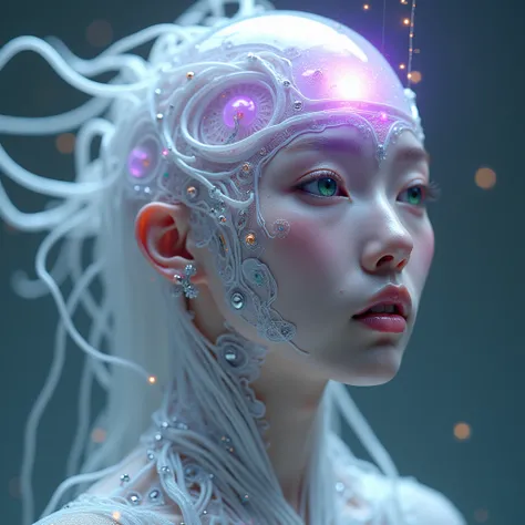 This image presents a futuristic, ethereal vision of a Korean woman who fuses the human with the technological. The face, with delicate features and pale, almost translucent skin, emerges from an intricate assembly of biomechanical components. The head is ...