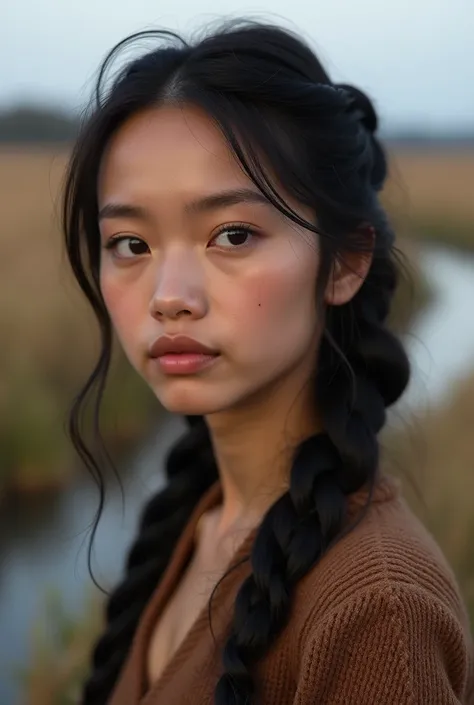 Women,  20 years old soft light brown skin , Brown eyes,  almond-shaped eye shape , long braided hair ,  black hair, Oval face shape ,  bare face, blushing cheek,  full lips , aquiline nose, High Cheekbones, mandibula definida, big eyebrows, eyelashes ,  c...