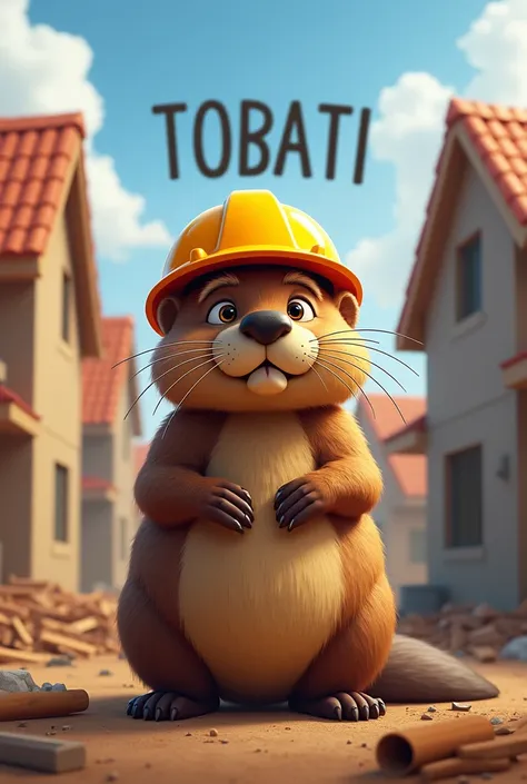 a beaver with a yellow construction helmet ,  that has houses under construction in the background and that says the word TOBATI in capital letters