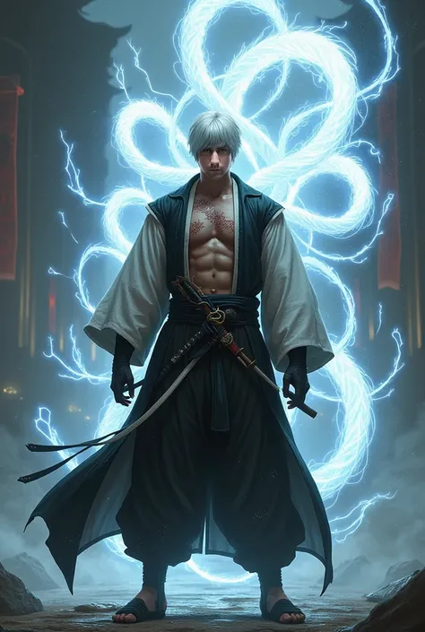 A lean, muscular samurai with short white hair styled like Leon Kennedy’s from Resident Evil 4 and amber eyes, stands in a powerful yet calm stance. His body is defined like Bruce Lee’s, slim but muscular, covered with scars from past battles. He wears a c...