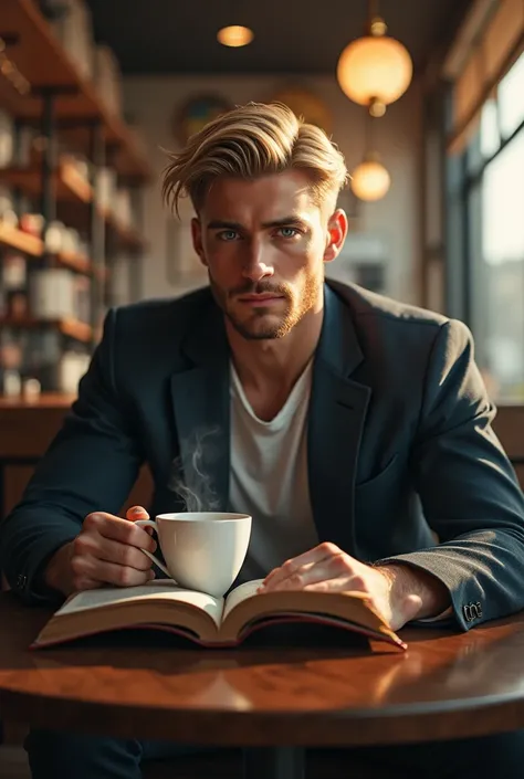 a blond man, tall short hair , beautiful , in a coffee shop drinking coffee and reading a book,  looking at the book, In a coffee establishment 