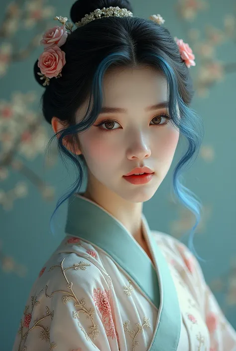 Beautiful brunette, light blue hair and Chinese-themed clothing