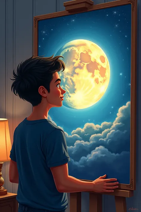  - Mateo approaches the moon painting and looks at it carefully. A warm smile is drawn on his face .