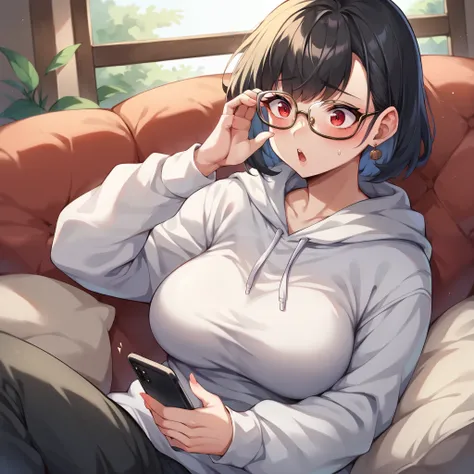 Your older mature wife in her late 20s has long black hair and red eyes and wears black big glasses. she is wearing a white hoodie and black baggy sweatpants. she is surprised and blushing as she looks at her phone on your couch of your house.