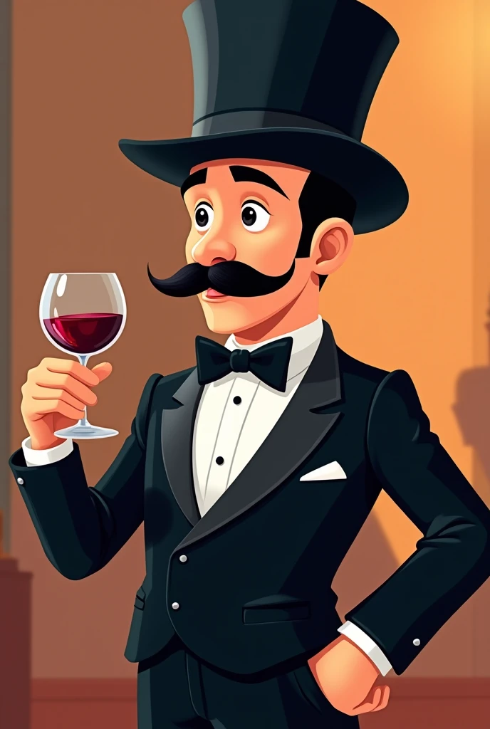 Create a man in a top hat and black suit holding wine in the style of a 2D cartoon game