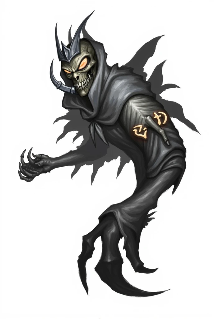 a close-up of a creature with a crown on a white background, lich vecna (d&d), undead lich, d&d lich, dark hooded necromancer, lich demon wizard class, lich, undead wizard, cyborg necromancer, wraith dark hooded, ghostly necromancer, pathfinder, male necro...