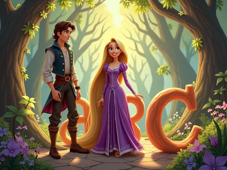 AN IMAGE OF RAPUNZEL AND FLYYN RIDER WITH THE LETTERS A B C