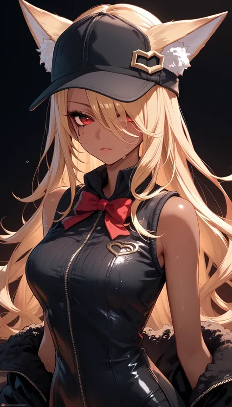 gyaru girl ,  dark skin ,  hair covers the eye, 1 girl,  long golden hair, 4K,  red eyes , , fox ears,  duration , hair template ,   compose, black mascara, sleeveless,  black wool suit, thief costume ,  sweat, height 180 centimeters,  beautiful, anime, 