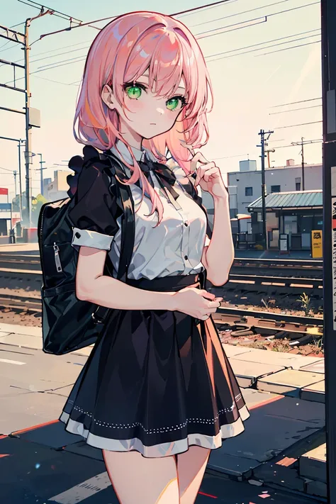 (( 1 girl)),  maid outfit ,  backpack in an abandoned house,Waiting for a train,  station platform, cute skirt , attendance at work ,relax,  no motivation,  cowboy shot,((非常に Details, best quality,  high definition , 8k wallpaper, Beautiful clothes,)),(( P...