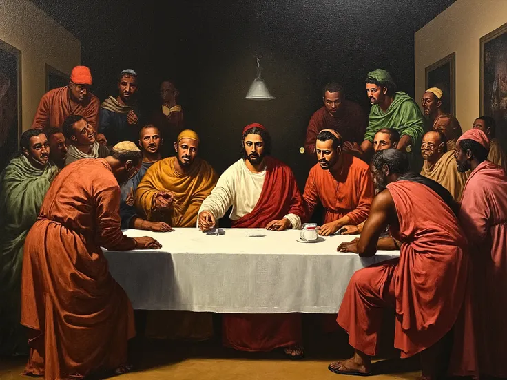 Last Supper with the 12 apostles gathered together and Jesus in the middle with a chalice in his hand painted in an African-American style and that the table be in the shape of an African vase