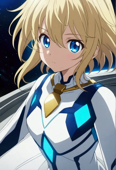 Young blonde anime, aesthetic body, dark blue eyes, with white clothes with blue details, on a spaceship, with golden necklace