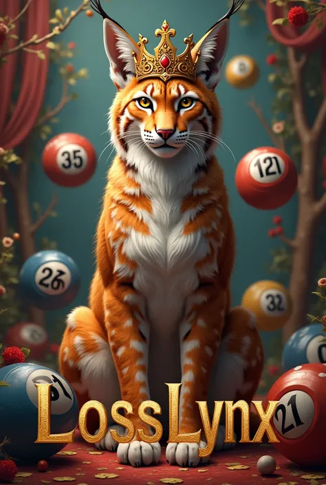  make the Lynx animal with a crown sitting , And a bingo background , with numbers ,  and well colored with a flashy and realistic gold text on top called LossLynx