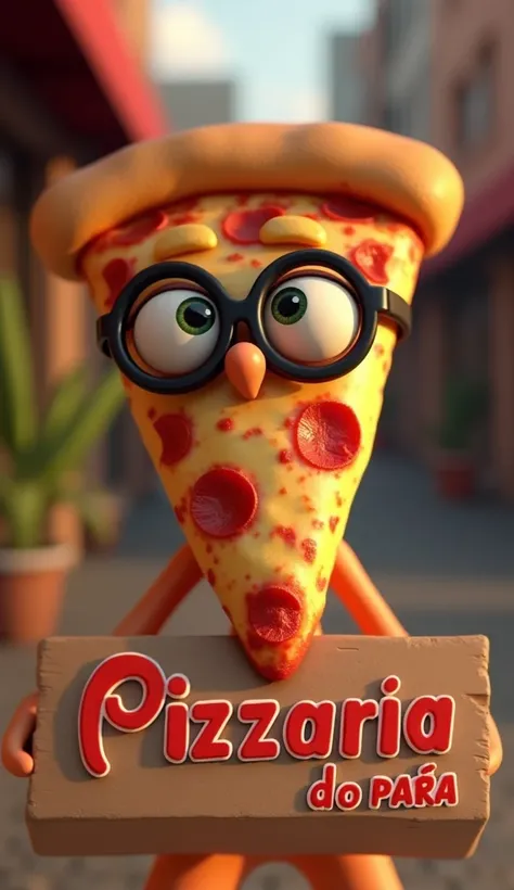 Create a 3D cartoon character, a pizza with dark glasses on top of a sign written in Pizzaria do Pará PIXAR STYLE. Hes looking directly into the camera., I dont squint, and not smiling.   The character must be rendered in a stylized way, animation style, w...