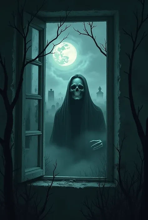  A slightly half-open window with a dark, skeletal figure on the other side.  The pale, smiling face is dimly illuminated by the moon . In the background, headstones lined up in a cemetery shrouded in dense fog . The atmosphere is oppressive,  with dry bra...