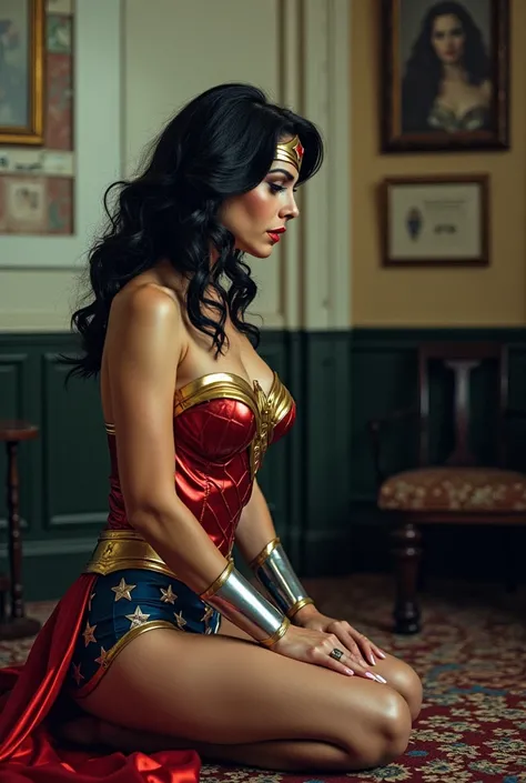 Wonder woman hypnotized into servitude as a mindless sex slave, kneeling before Lex Luthor in a office 