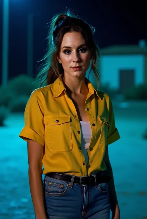 Troian Bellisario has brown medium hair in a ponytail. She wears a yellow, short-sleeved collared shirt tucked into blue jeans shorts, giving her a polished yet casual appearance. A white shirt under the yellow one appearing next to the neckline. A black b...