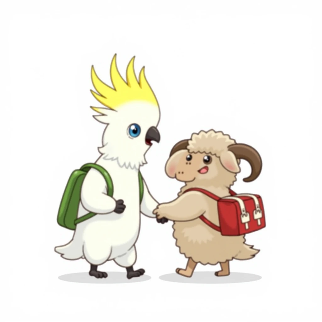 Source_comic, high resolution, best quality, minimalism, animal portrait, duo focus, adult male, adult female, lovely, walking, holding hands, white background, BREAK, adult male, cockatoo, white body, yellow hair, blue eyes, light smile, green backpack BR...