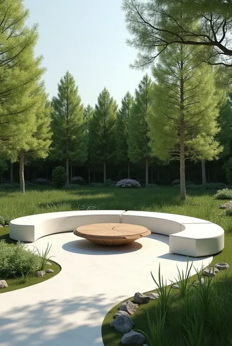 Garden decoration small lemon pine trees behind white semicircle seat and instead of a campfire table